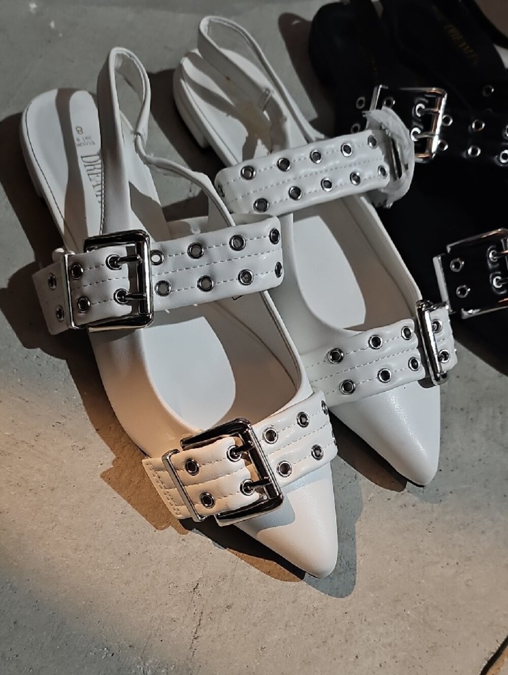 Bundled Pointed Toe Slingback Flats with Buckle Strap - White And Black. - Picture 2 of 6